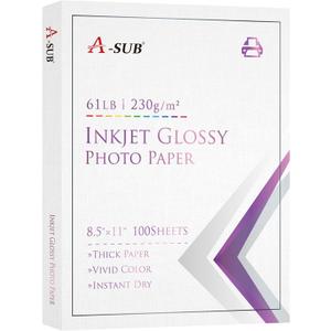 A-SUB Thick Glossy Photo Paper 8.5 x 11 Inch 61lb 230gsm, Glossy Cardstock Photo Printer Paper for for Inkjet Printers, DIY Postcard Calendars 100 Sheets