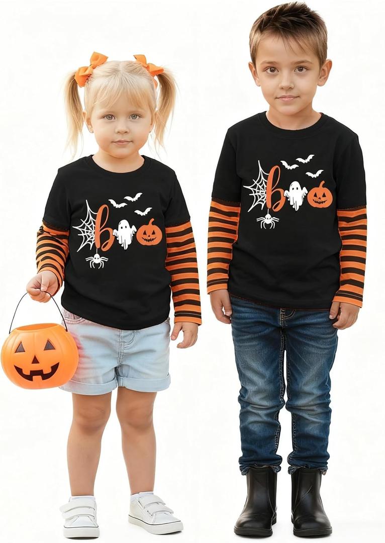 Toddler Halloween Shirts Boys Girls Spooky Pumpkin Skeleton Graphic Sweatshirt Halloween Kids Long Sleeve Tops 2-9 Years (Orange)