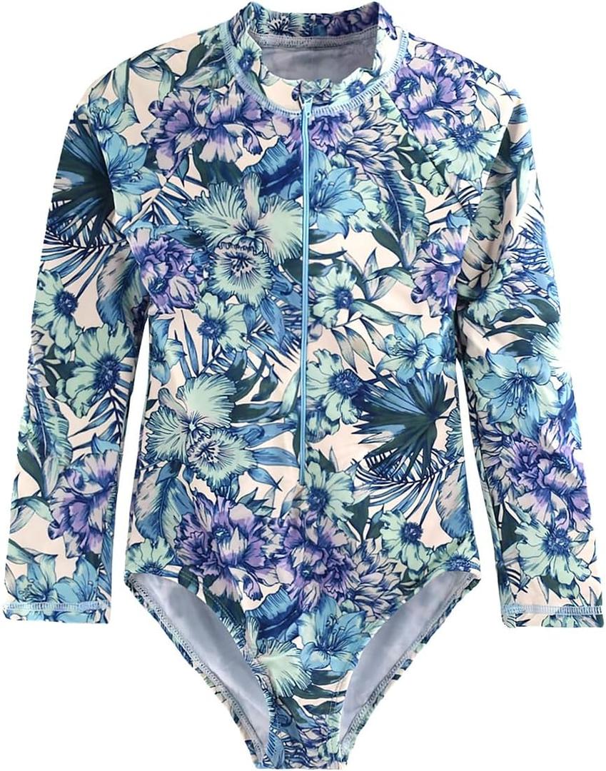 HOOBABE Big Girls Rash Guard Long Sleeve One Piece Swimsuits Zipper Bathing Suits UPF 50+ Yellow Floral Pattern 9T