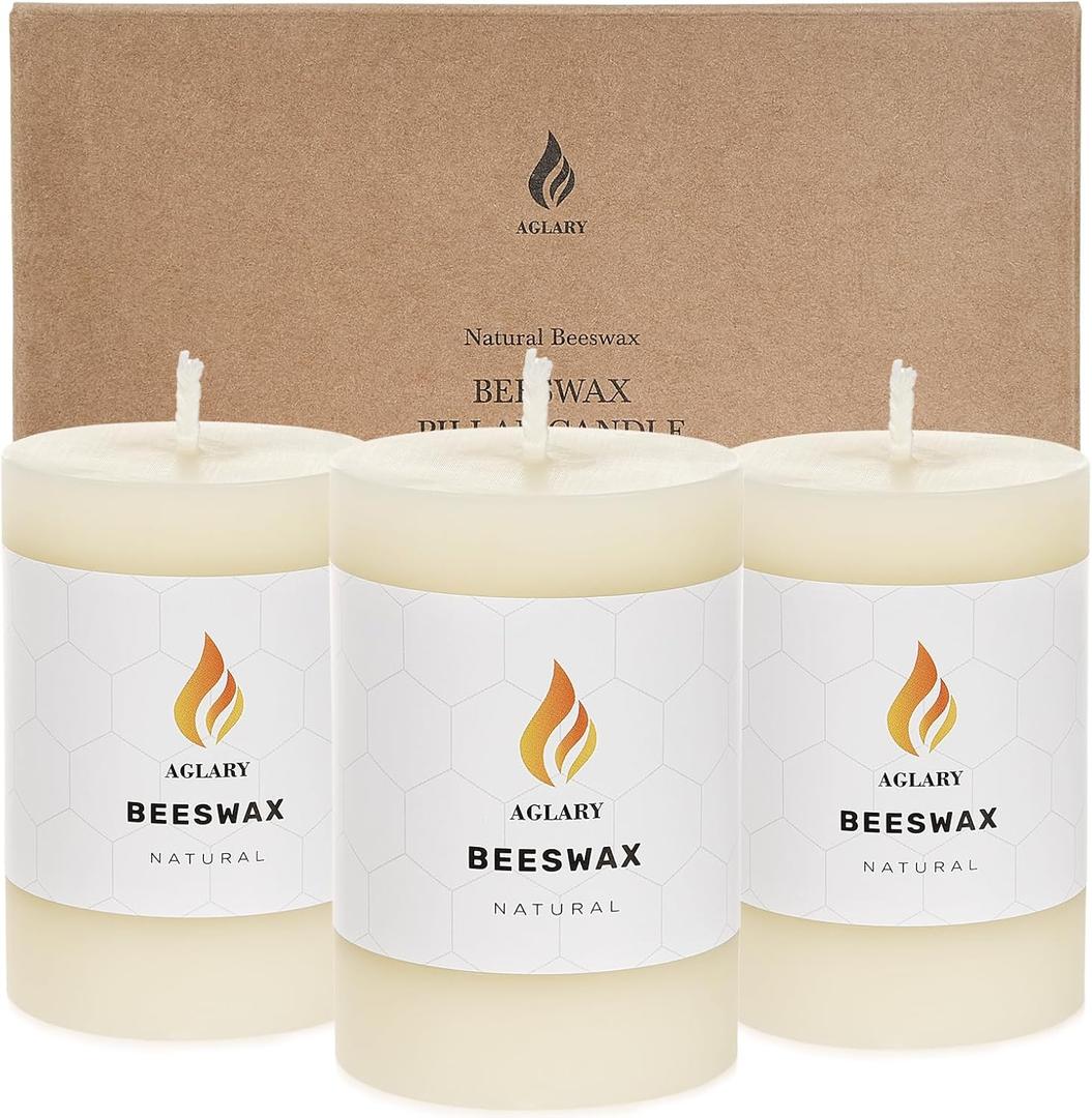 3 PCS Beeswax Pillar Candles,Large Handmade Pure Beeswax Candle,Long Lasting Burn TimeUnscented Smokeless2 * 3",20H, White