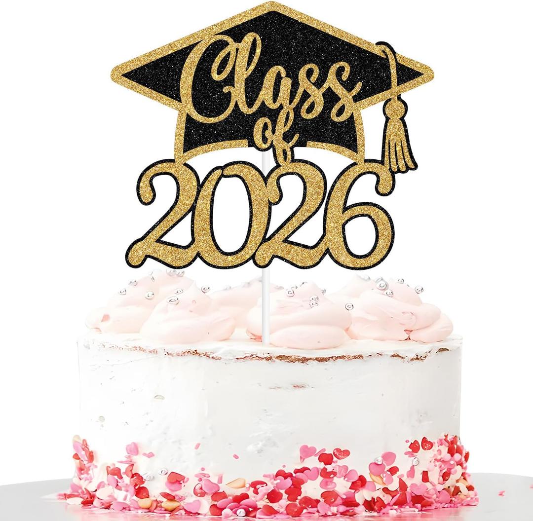 Class of 2026 Cake Topper, Congrats Grad Cake Decor, Congratulations 2026 Senior High School College Graduation Party Decorations Black and Gold Glitter