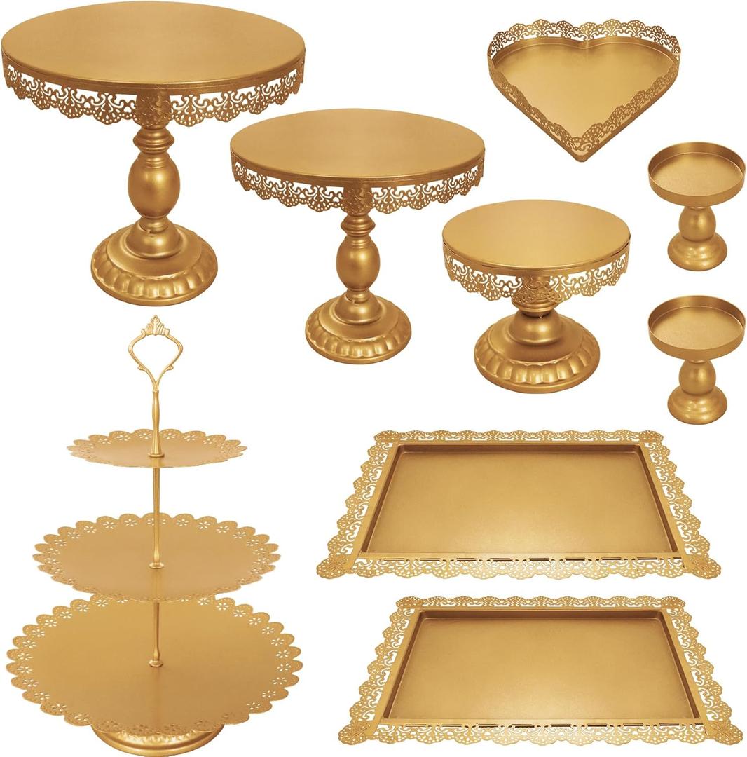 JALANCY Set of 9 Cake Stands Metal Cupcake Stand Set Multiple Styles Candy Fruit Display Tower Dessert Plate Cake Serving Tray for Birthday Party Wedding Anniversary Baby Shower Engagement (Gold)