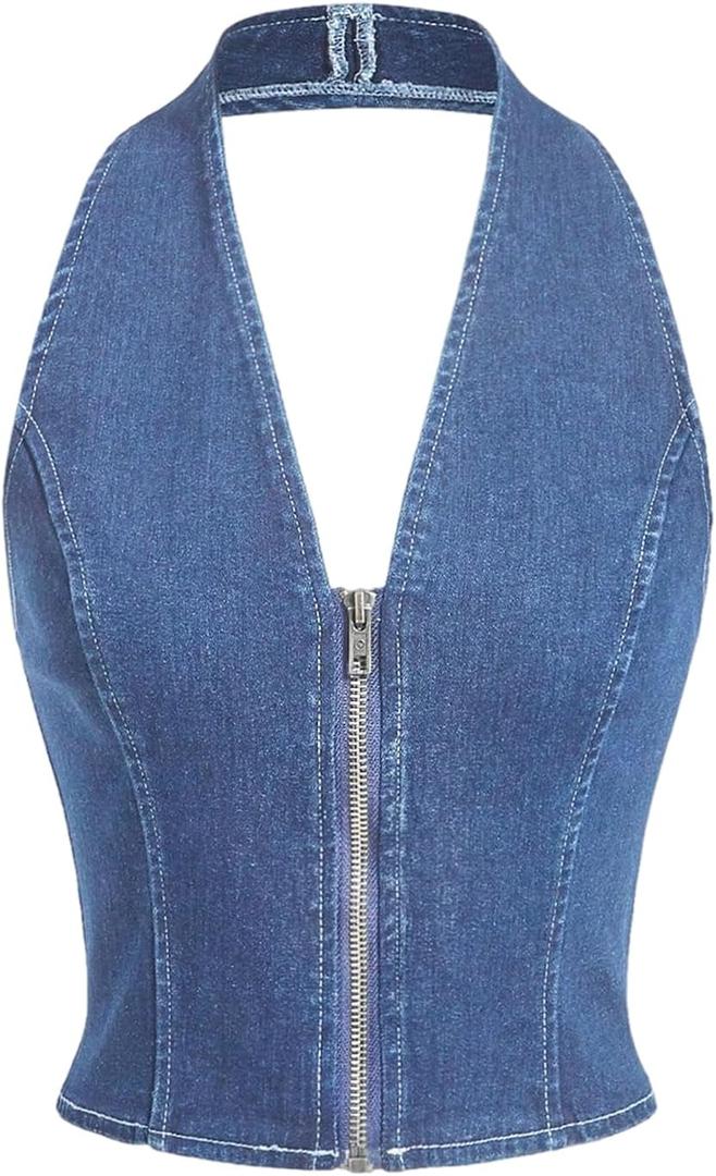 Floerns Women's Y2k Denim Halter Tops Backless Sleeveless Zipper Club Jean Crop Top (Blue, L)