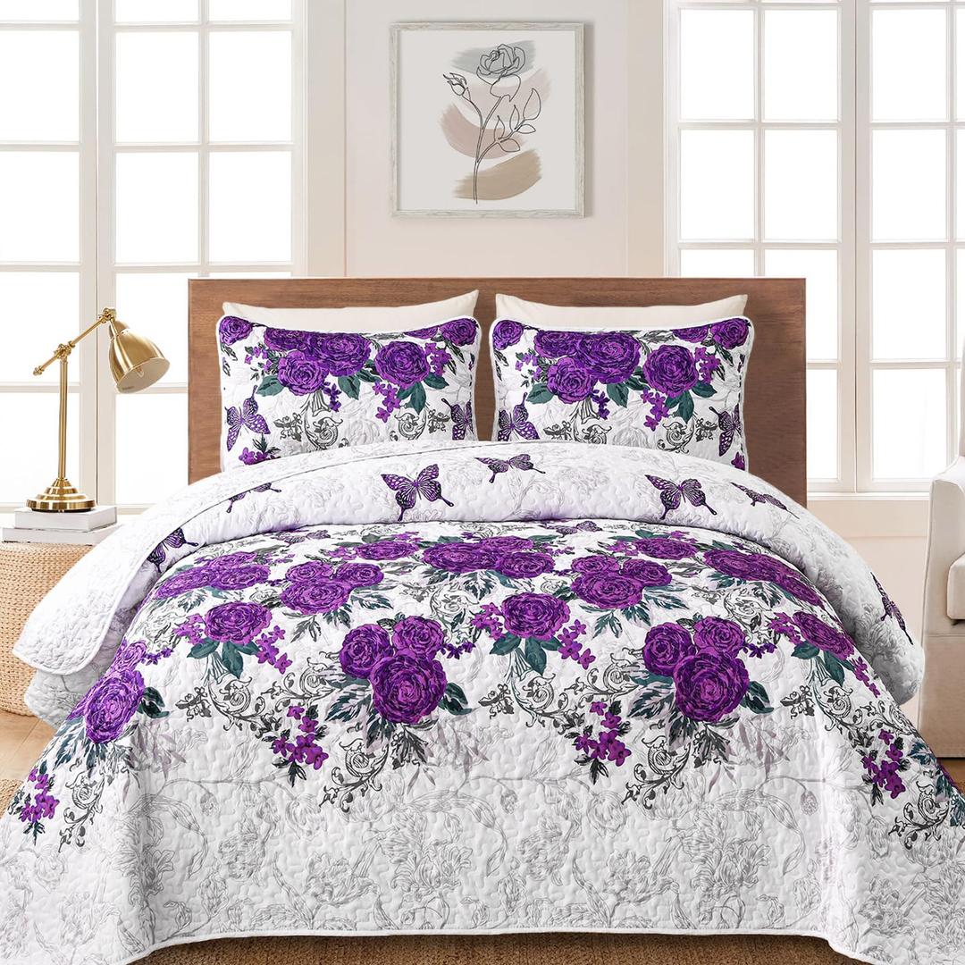 Yiran Purple Floral Quilt Set Queen Size Summer Botanical Bedspreads Bedding Set 3 Pieces Lightweight Rose Flowers Printed Coverlet with 2 Pillow Shams for All Season 96x90 Inch