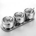 3 Grids 304 Stainless Steel Seasoning Containers Set with Lid Spoon and Tray, Condiment Jar Spice Container, Condiment Canisters Pots for Serving Sugar, Pepper, Salt, Spice