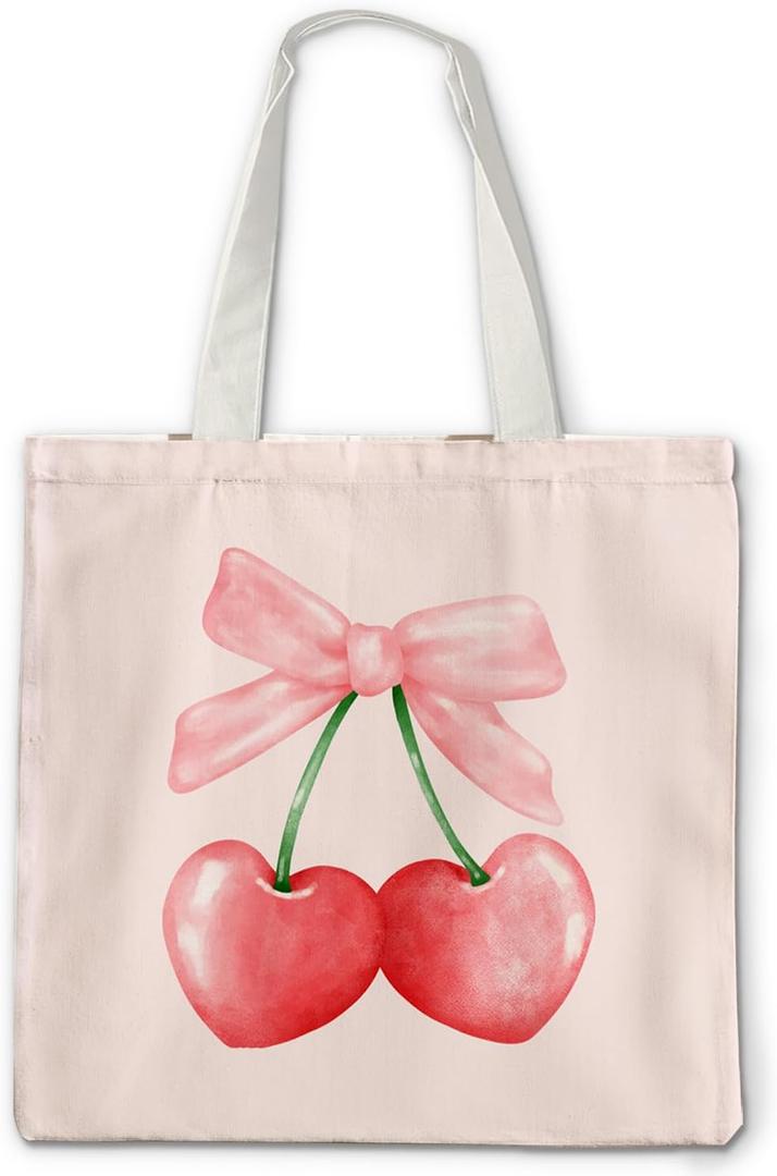 Coquette Tote Bag - Pink Bows Cherry Heart Canvas Tote for Women, Cute Trendy Gift