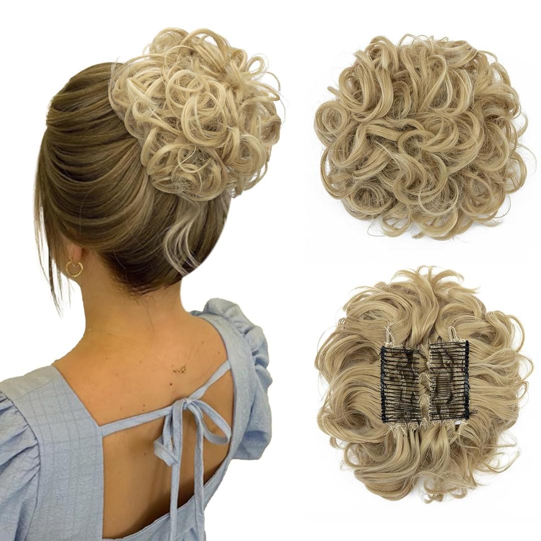 Benehair Messy Bun Scrunchie Hair Piece with Combs Clip in Bun Scrunchy Updo Wavy Donut with Jaw Claw Synthetic Big Chignons Hairpiece for Women Curly Touseld Juva Bun Ash Blonde & Bleach Blonde 90g