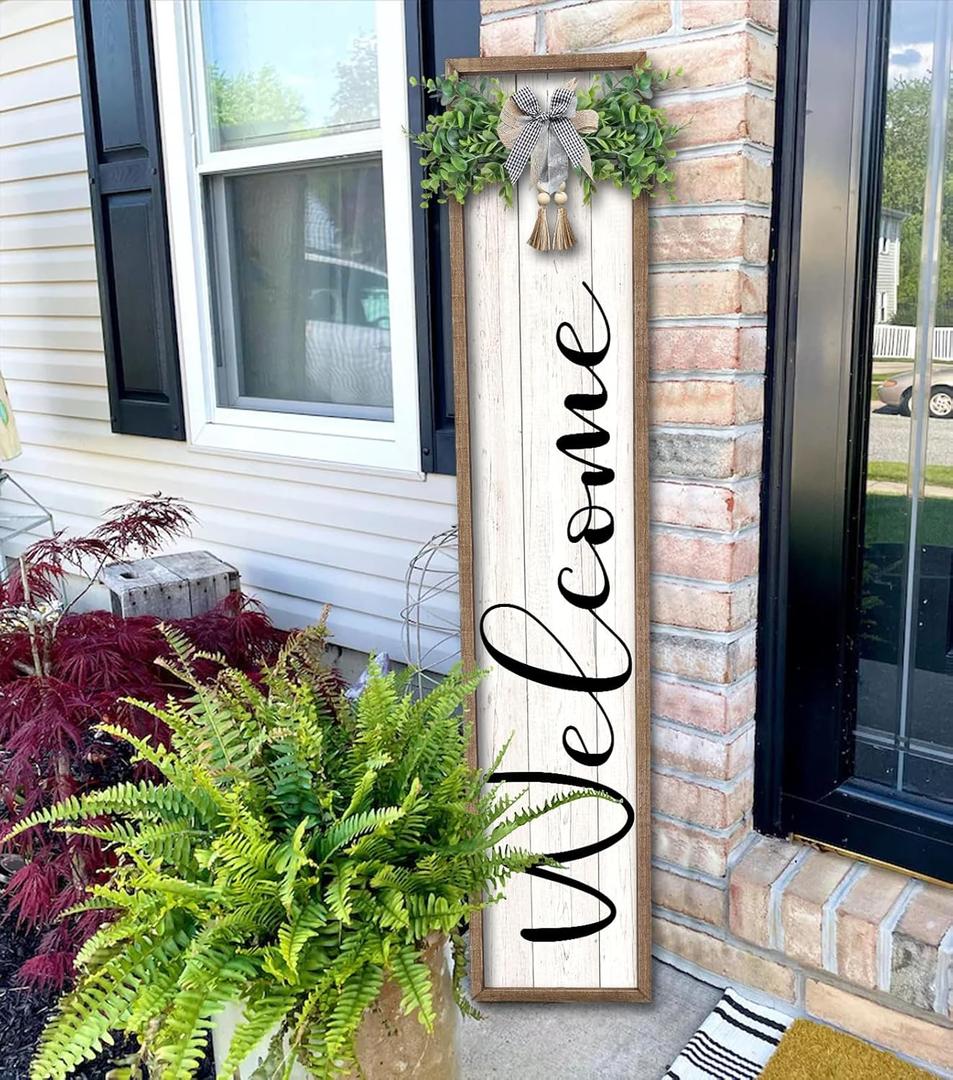 Welcome Sign for Front Porch Standing 45"X9" Large Outdoor Decor Rustic Vertical Leaner Wood Frame Porch Tall Welcome Signs for Farmhouse Outside Front Door Wall Decorations (Wood White)