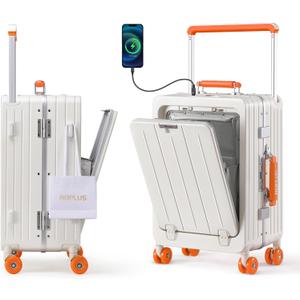 ROPLUS Zipperless Luggage with Front Cover Compartment, Aluminium Frame Checkded-In Rolling Suitcase with USB Ports, TSA Lock, Skate Wheels (WhiteOrange, 25-Inch)