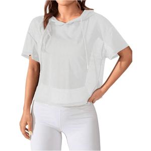 SweatyRocks Women's Short Sleeve Fishnet Hoodies Hollow Out Sports Workout Tops (Medium, White)