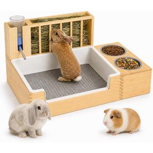 Rabbit Litter Box with Hay Feeder, Thick Wood, Waterproof Bunny Toilet