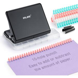 IMLIKE 10-Hole Binding Machine for Planners - Metal Manual Binding System with 10 Multi-Color 30-Hole Loose Leaf Binding Spines - Punches 26 Holes on B5, 30 Holes on A4, 20 Holes on A5 Paper - Black