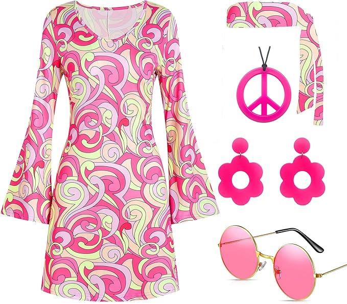 Deerjoke 60s 70s Disco Outfit Hippie Costume Women, 1970 Style Clothes Dress Accessories Jewelry Halloween (Pink, Large)