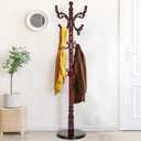 Wooden Coat Rack Freestanding, Hall Tree Hanger With Resin Hooks, Adjustable Heavy Duty Coat Rack for Hanging Clothes Bags Hats in Living Room Bedroom (coat rack, Round Base-Rosewood Color)