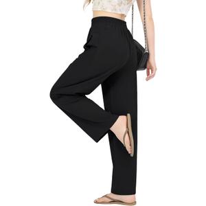 JEKAOYI Womens Casual Pants Breathable Stretchy Pull On High Waisted Straight Leg Trousers for Summer (Black, XL)