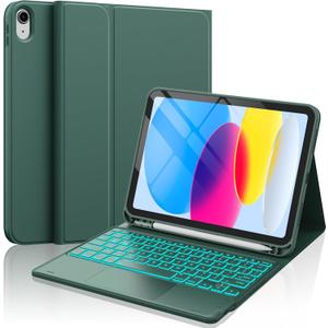 CHESONA for iPad 10th Generation Case with Keyboard, 7 Color Backlight, Multi-Touch Trackpad, Flip Stand Case with Pencil Holder, 2 Wireless Channels for iPad (A16) 11th/10th Gen 2025/2022, Green