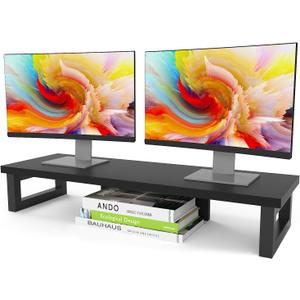 WESTREE Dual Monitor Stand Riser, Wood and Steel Monitor Stand Riser, Computer Monitor Stand for 2 Monitors, Multi-Purpose Desktop Storage Stand for Computer,Laptop,Printer,TV (Large, Black)