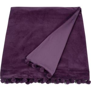 55 in x 71 in Velvet Throw Blanket - Sofa Throw Blankets Made of Cotton Velvet with Pompom Trims on Sides - Versatile Cotton Velvet Accent Blanket for Bed (Aubergine)