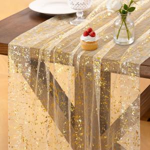 Socomi Gold Table Runner Gauze Tulle Sheer Glitter Metallic Foil Chiffon Cheesecloth Sequin 10FT Wedding Birthday Party Dining Anniversary Holiday Centerpiece Table Decor Beige