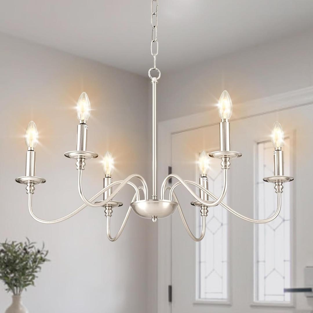 Depuley Modern Chandelier for Dining Room: 6-Light Brushed Nickel Farmhouse Hanging Ceiling Pendant Light Fixture for Kitchen Island - Industrial Vintage Candle Chandeliers for Living Room