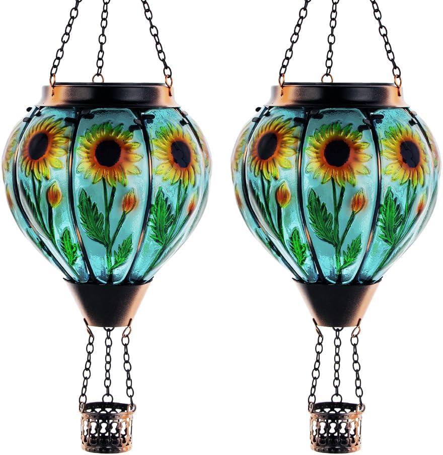 Starsoul 2 PC Sunflowers Hot Air Balloon Solar Lantern with Flame Glass Hanging Outdoor Hot Air Balloon Solar Light Waterproof Garden Patio Yard Party Decorations