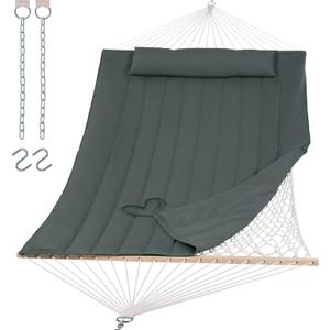 SUNCREAT Portable Double Rope Hammock with Pad, Two Person Tree Hammock for Garden, Backyard, Patio, Poolside, Gray Green