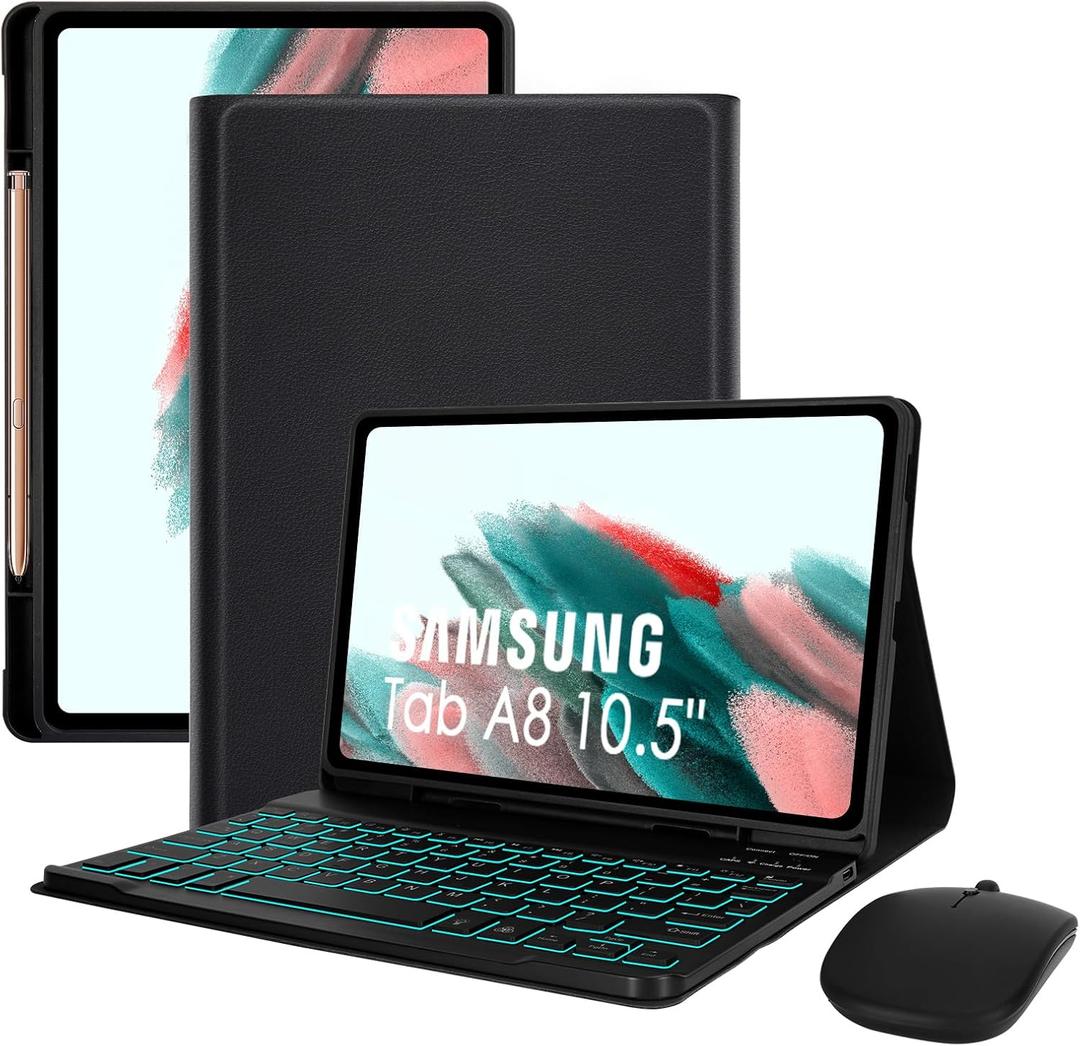 LAMA 7 Colors Backlit Keyboard Case with Mouse for Samsung Galaxy Tab A8 10.5 Inch, Wireless Keyboard Case with S Pen Holder for Galaxy Tab A8 10.5" 2021 (SM-X200/X205/X207), BK
