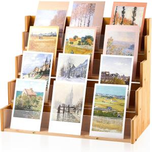 4 Tier Greeting Card Display Stand Wood Color Bamboo and Acrylic Sticker Display Stand Trading Card Holder Retail Photos Shelf for Vendors Craft Collection & Show