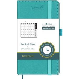 BEZEND Pocket Monthly Planner 2026-2027 (3.75" x 6.5") 2 Year Calendar Book for Purse with Note Pages, 100 GSM Paper, Inner Pocket, Pen Holder, Vegan Leather Hardcover in Turquoise