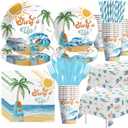 APOWBLS Surf's Up Party Decorations Tableware For Boys - Surf Birthday Party Supplies, Paper Plate, Cup, Napkin, Cutlery, Tablecloth, Summer Hawaiian Beach Wave Surfing Birthday Decorations | Serve 24