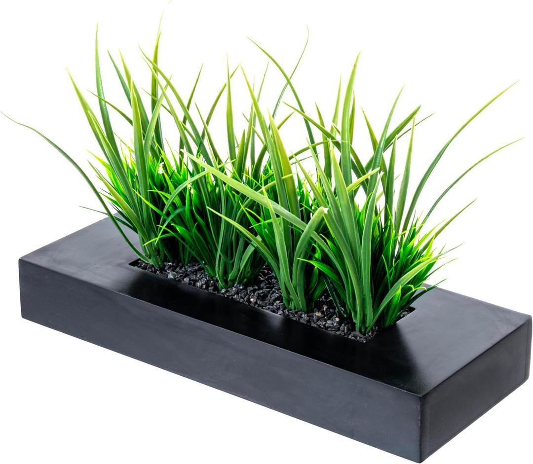 MyGift Large Artificial Green Grass Plants Potted in 14-Inch Matte Black Wood Decorative Planter, Tabletop Faux Greenery in Wooden Rectangular Pot Centerpiece Dcor