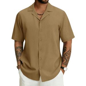 Cotrasen Men's Cuban Collar Shirt Short Sleeve Button Down Summer Shirts | Soft, Breathable, Loose Fit, Textured, Wrinkle-Free, Untucked, Lightweight, Business Casual, Beach Vacation Hawaiian Tops (XL)