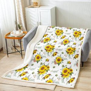 Loussiesd Kids Sunflower Fleece Throw Blanket Floral Print Sherpa Blanket for Bed Sofa Bedroom Decor Yellow Flowers Pattern Plush Blanket Botanical Yellow White Fuzzy Blanket Queen 90x90 Inch