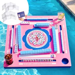 Floating Mahjong Table for Pool, Floating Mahjong Mat with 4 Mahjong Card Protector Cover for Mahjong Poker Cards Dominoes Scrabble, Floating Board Pool Game Tray for Hot Tub Lake Beach Summer Party