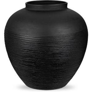 Flower Vase for Home Decor, 11.4" Large Decorative Metal Vase for Pampas Grass, Modern Rustic Textured Iron Vase Centerpiece for Modern Farmhouse Table Living Room Entryway, Matte Black