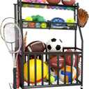 Sports Equipment Garage Organizer, Indoor/Outdoor Sports Rack for Garage,Ball Storage Garage Organizer with Basket, Hooks and Wheels, Toy/Sports Gear Storage