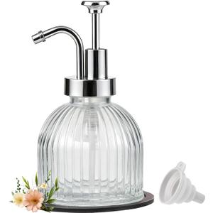 SheeChung 8 Oz Glass Soap Dispenser Bathroom, Clear Liquid Hand Soap Dispenser with Pump, Refillable Dish Soap Dispenser for Kitchen, Cute Modern Stripes Lotion Bottle, Shampoo (Silver Pump, 1 Pack)