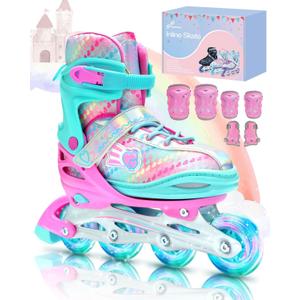 Sportneer 4 Size Adjustable Inline Skates for Girls, Kids Inline Skates Size 12C-9 with Light Up Wheels Roller Blade with Protective Gear Set for Kids Girls Women Beginners Indoor & Outdoor Use (Medium - Big Kid, Pink)