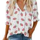 Women's Dressy Smocked Sleeve Deep V Neck Red White Blue American Flag Patriotic Blouses S