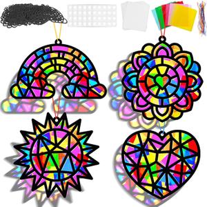 Lonfliness 32 Sets Spring Crafts Suncatchers Kit DIY Rainbow Window Stained Glass Effect Paper Decoration Back to Art Craft Creative Activity Project Party Favors