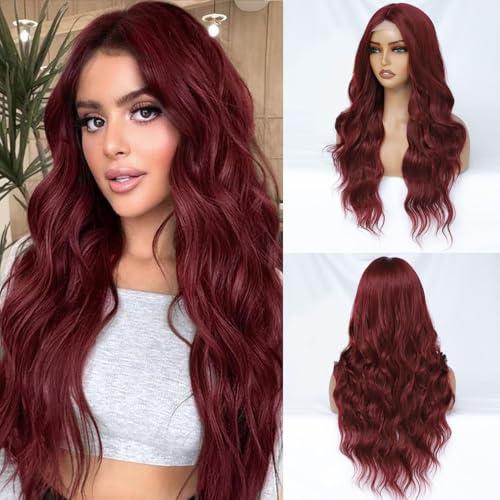 FEIVOSILAN Burgundy Wig for Women Long Wavy Red Wig Middle Part 26 Inch Wigs Heat Resistant Synthetic Wig for Daily Use