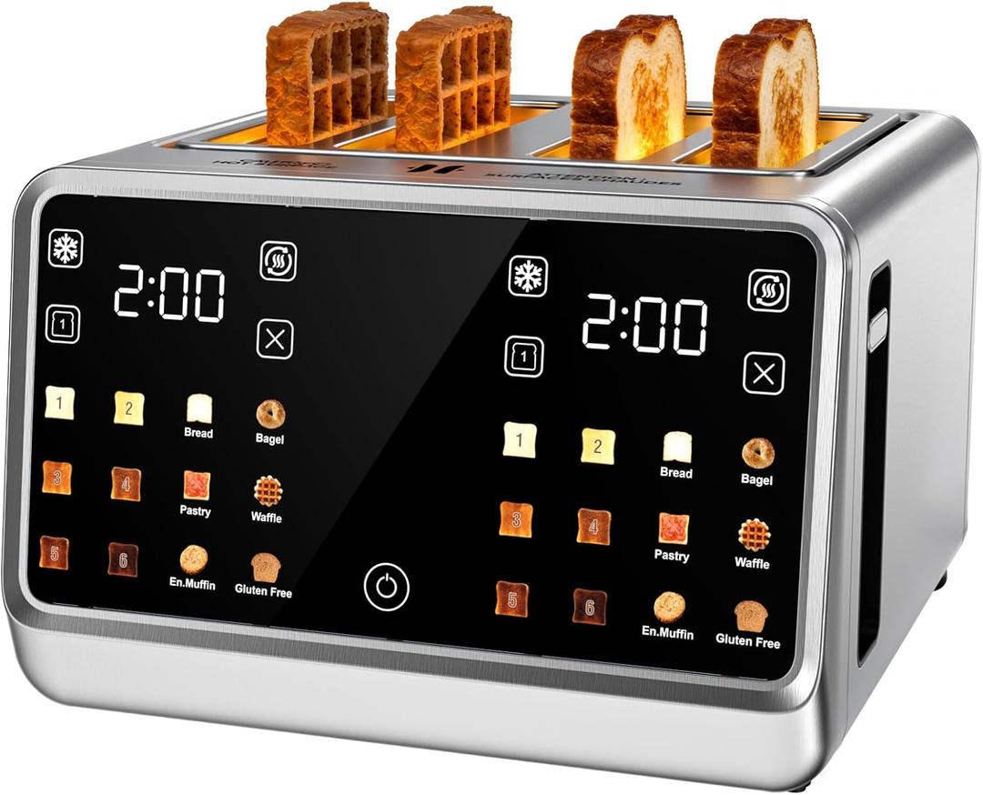 Touch Screen Toaster 4 Slice, Digital Smart Dual Control Touchscreen, Stainless Steel, 6 Toast Types & Levels include Bread, Bagel, with Defrost/Reheat/Single Slot Toasting Function