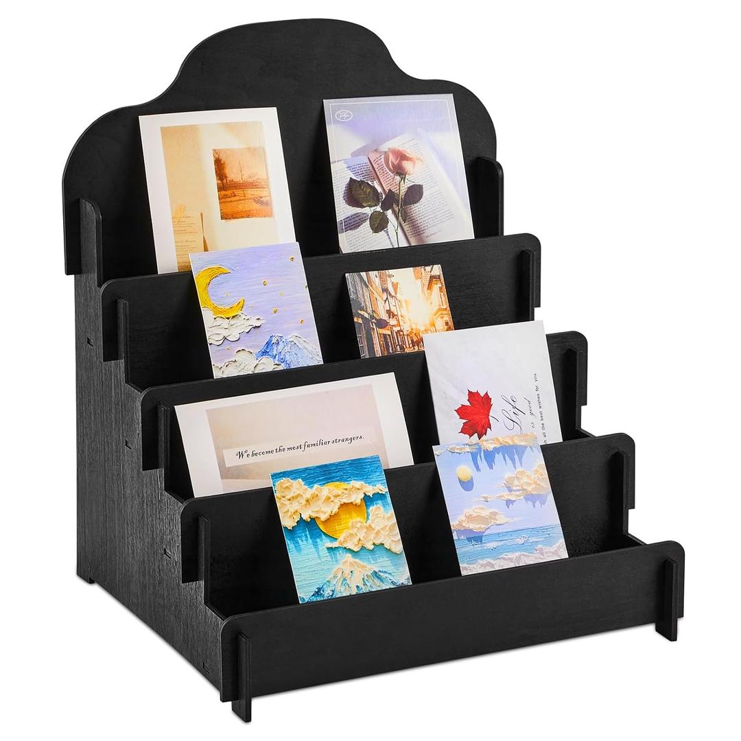 Barydat 4-Tier/5-Tier large Greeting Card Display Stand Wooden Display Stand for Postcard Brochure Photos Jewelry Sticker Holder for Vendors, Counter Retail, Home Decor(11.8 x 10.4 x 14.2 Inch,Black)