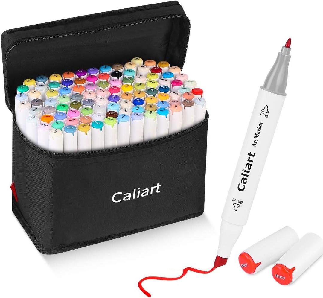 Caliart Markers, 100 Colors Dual Tip Art Markers Sketch Pens Permanent Based, with Case for Adults Artists Drawing Illustration Sketching Coloring (White Barrel)