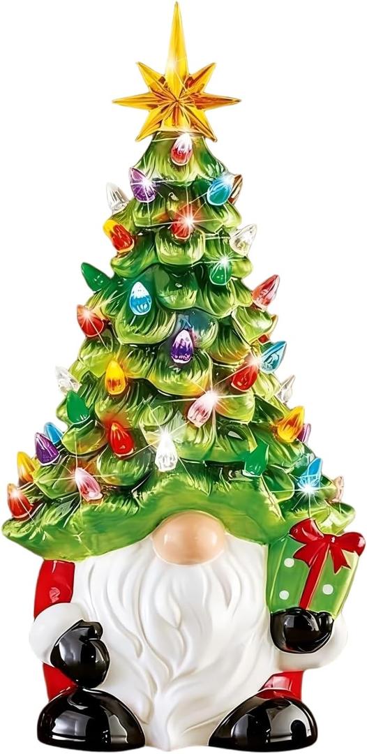Lighted Christmas Gnome Tree, 8 Inch Faceless Old Man Ceramic Decor with Multicolor Lights for Tabletop Home Office