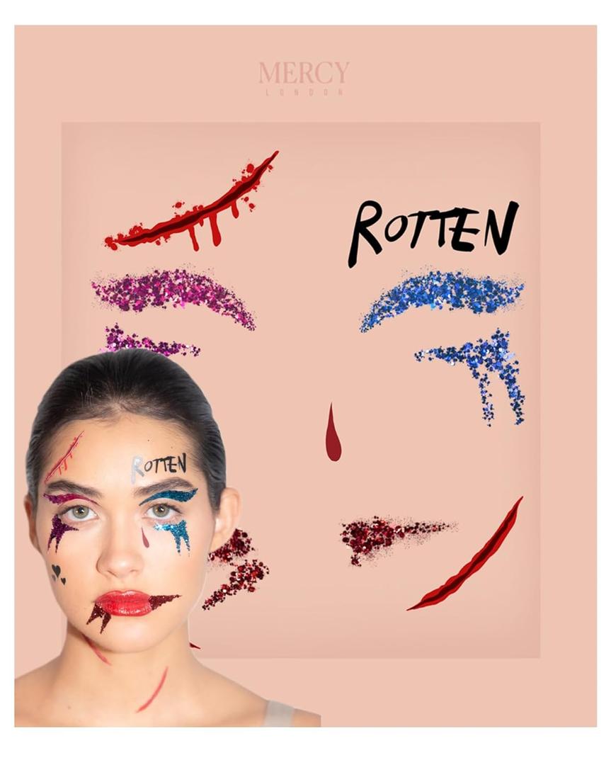 Harley Quinn Face Stickers by Mercy London Fancy Dress Costume Accessories Face Gems Jewels All in One Halloween Stick On Sticker