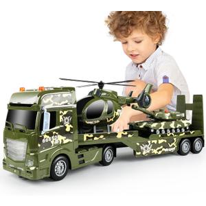 Dwi Dowellin Green Military Big Truck Toys,25.6" Semi Truck Toy with Helicopters and Tank,Army Toys with Lights & Sounds,Birthday Gift for 2 3 4 5 Years Old Boys and Girls