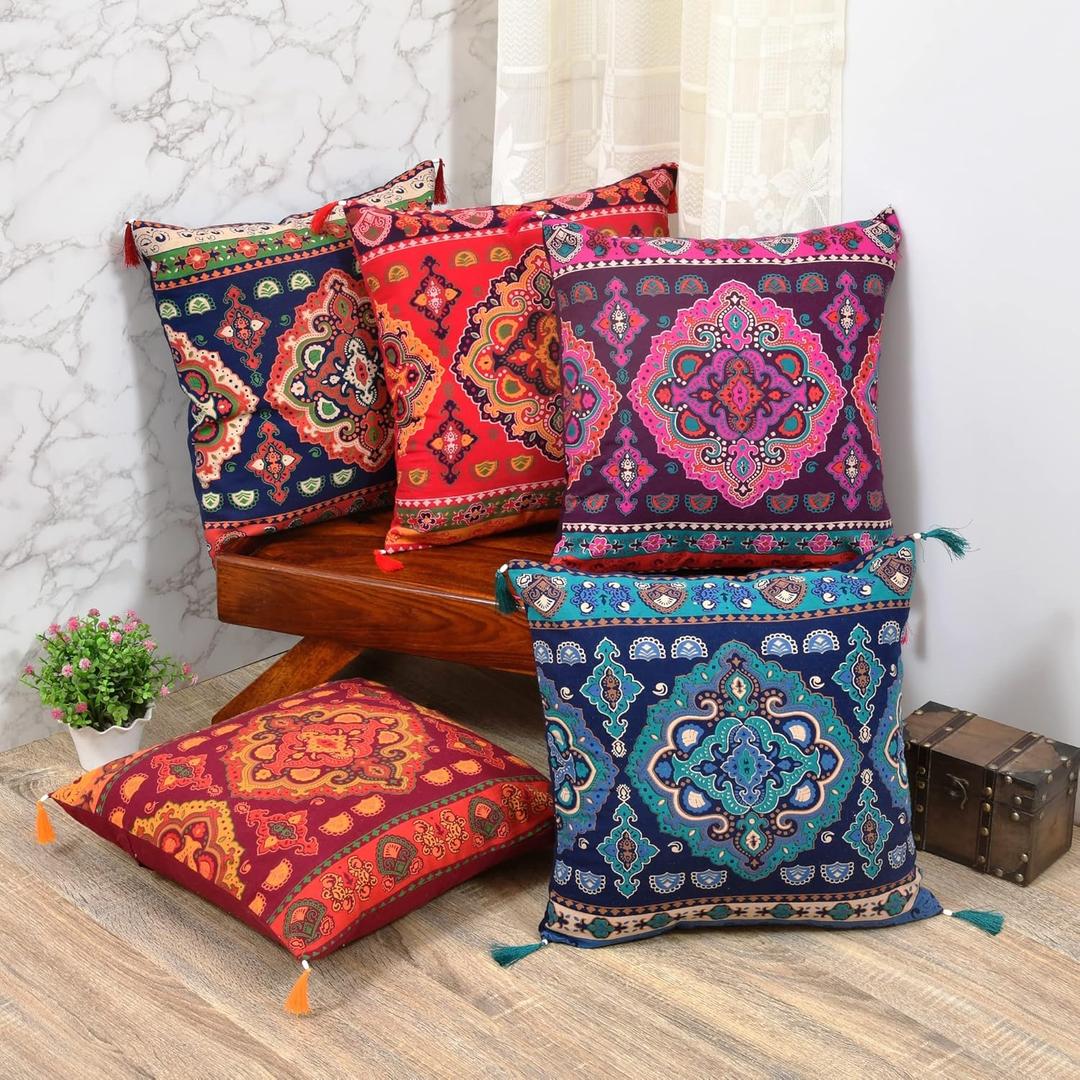 Indian Ethnic Pillow Covers Throw Cover for Couch Western Arabian Decor Set of 5 Colorful Cushion Boho Holiday Sofa Stuff Large Indie Bohemian Mandala Decoration Set of 5 (16"X16")