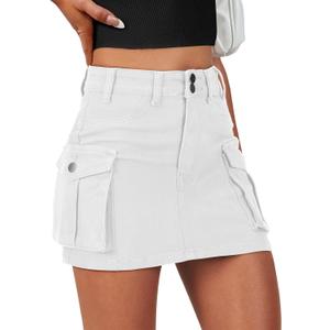 ANRABESS Cargo Skirt Women Button Mini Skirt with Pocket Y2k Bodycon 2025 Trendy Denim Jean Short Skirts (X-Large, White)