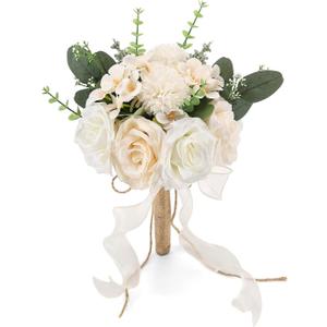Vkkperp 9.5In Wedding Bouquets for Bride Bridesmaid, Champagne Roses White Artificial Flowers Toss Bouquet for Wedding Party Church Decoration